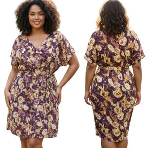 LANDS' END Purple & Gold Floral Print Ruffle Trim Blouson Dress - Size 18